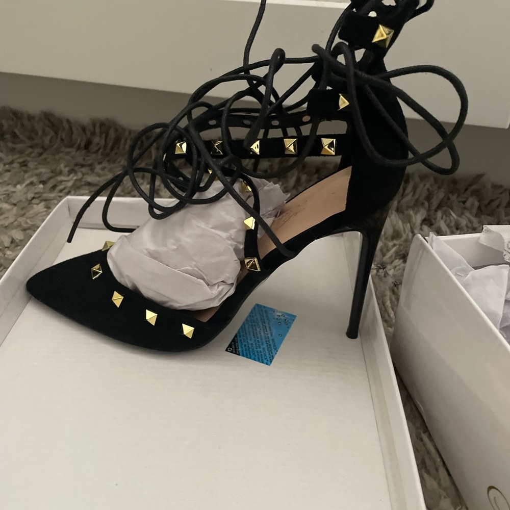 Mata Shoes Black and Gold Lace-Up Heels